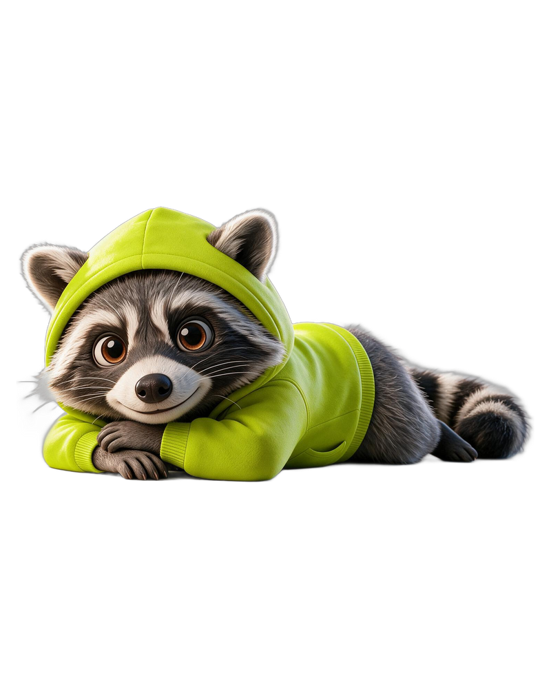 RAXXO the raccoon in a lime hoodie, hood up, lying down with his chin on his paws