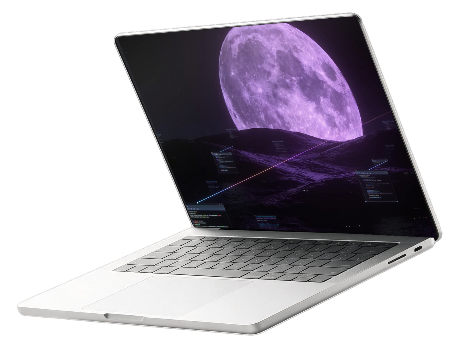 FULLMOON on a laptop: the product artwork, a full moon over a ridge with scan windows open across the sky