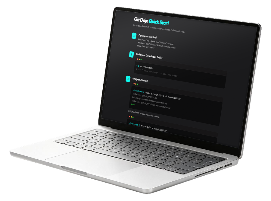 Git Dojo Quick Start in the terminal: the three install steps, from opening a terminal to unzipping the skill