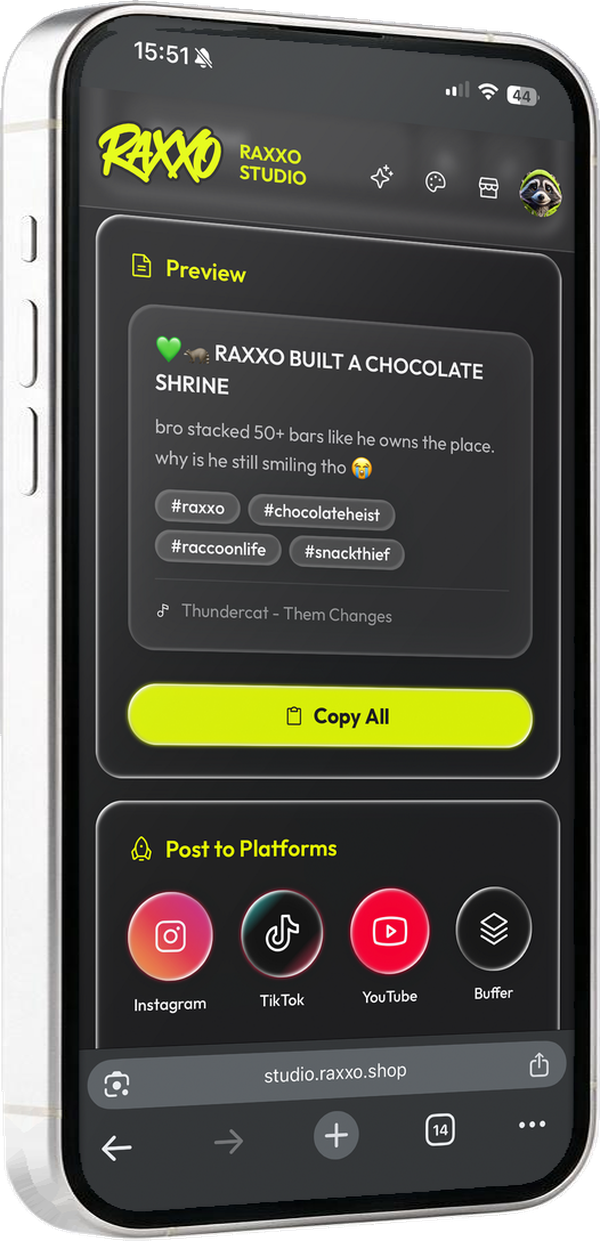 RAXXO Studio on a phone, the real app: the generated caption with its hashtags and music pick, Copy All, and the platforms to post to