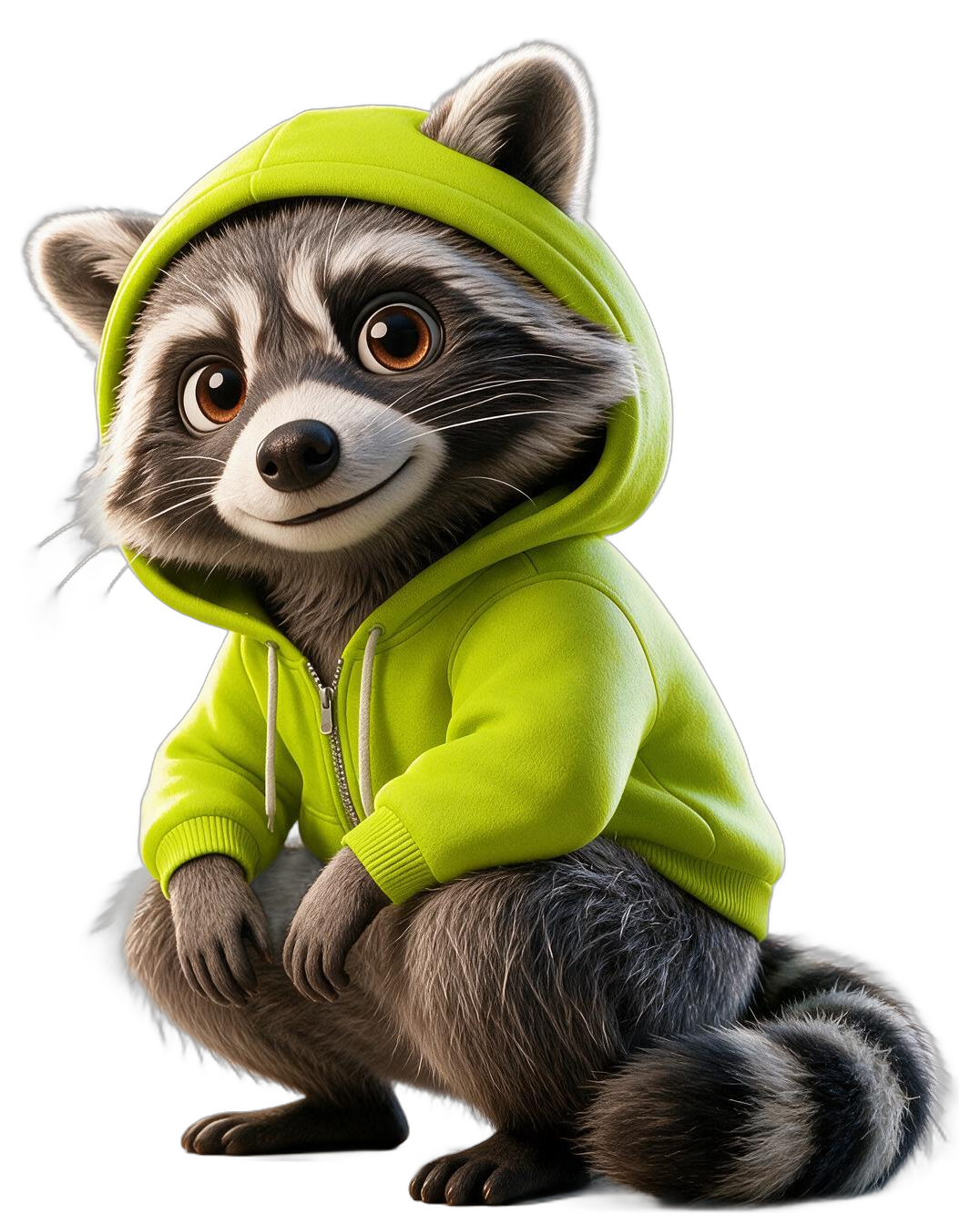 RAXXO the raccoon mascot: lime hoodie with the hood up, crouching on bare paws with his ringed tail out behind him